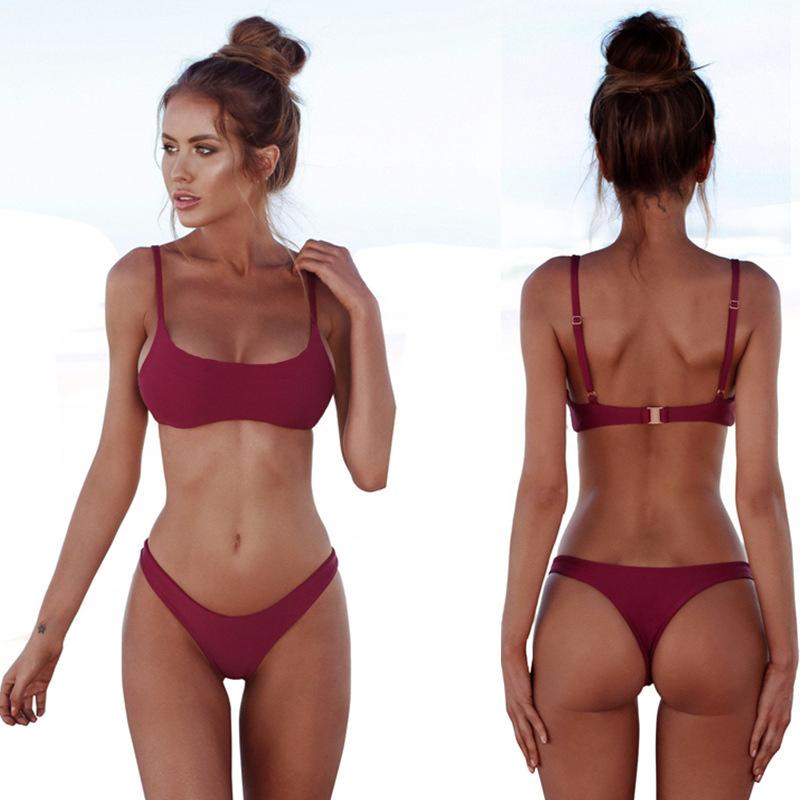 Damen-Bandage-Bikini-Set, Push-Ups, brasilianische Bademode, Strandmode S wein rot