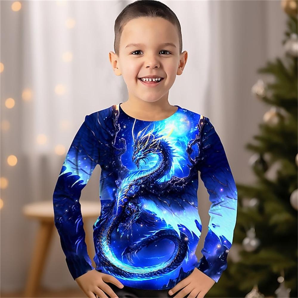 Kinderkleidung Jungen Langarm-T-Shirt mit chinesischem Drachen und 3D-Druck, Kinder-T-Shirts, lässig, blau, Grafik-T-Shirts, Jungenkleidung 130
