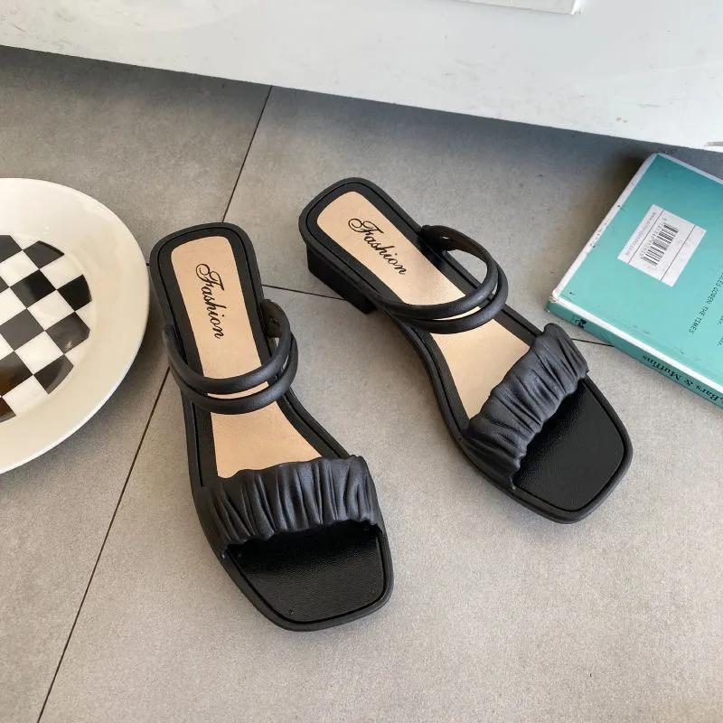 Sommer Damen Sandalen Große Größe Dual-Use-Oberbekleidung Halbe Hausschuhe Einfarbig All-Match Dicke Sandalen mit niedrigem Absatz 36-37 schwarz