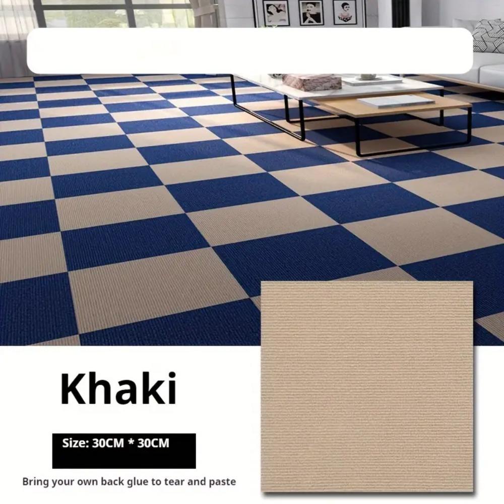 Quadratische, selbstklebende Teppichfliesen für Büro und Zuhause, rutschfester Polyesterteppich mit Schaumstoffrücken, einfarbiges Muster, Dekoration für Büro und Veranda. 1PCS khaki