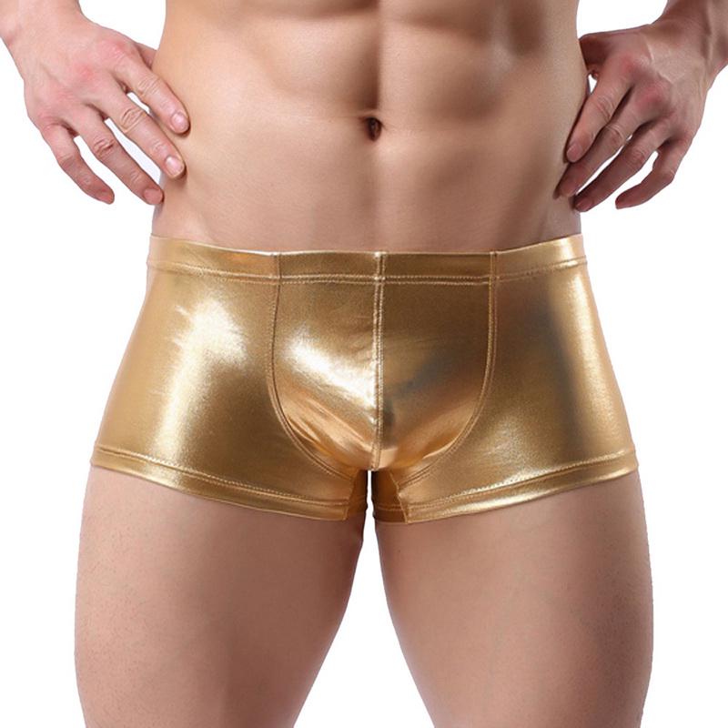 Mode Herren Kunstleder Slips Lackleder Sexy Unterwäsche Höschen U Konvexe Tasche Boxer Unterwäsche Slim Fit Boxer Unterhose M gold