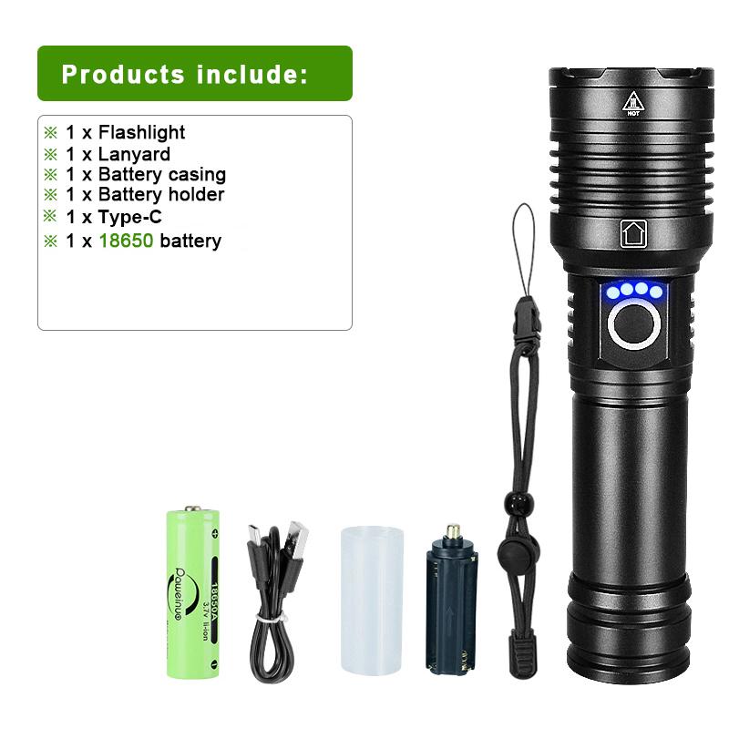 Ultrahelle 100000 Lumen LED-Taschenlampe, wiederaufladbare Handtaschenlampe, Hochleistungs-LED-Taschenlampe, Zoom, tragbare Laterne 26650 with 18650 battery
