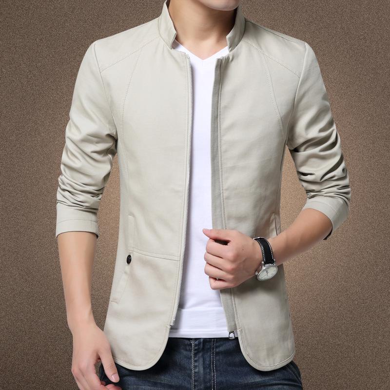 Mode Frühling Herbst Herren Casual Blazer Männer Herbst Einfarbig Stehkragen Taschen Dünne Dünne Mantel Schlank Anzug Jacke Herren Khaki Schwarz S beige