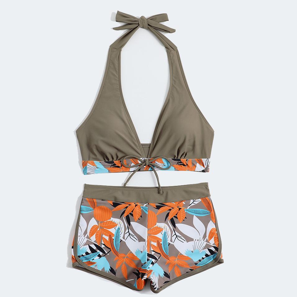 Sexy Bikinis Frauen Sommer Zwei Stück Drucken Badeanzug Weibliche Push-Up Halter Geraffte Wrap Vorne Hohe Taille Badeanzug L hellbraun