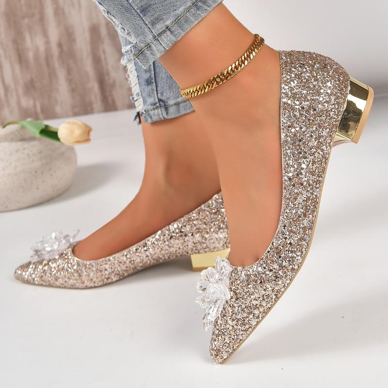 Mode 2024 Frühling und Herbst Neue Mode Oberbekleidung Pailletten Gesicht Spitz Damen Große Flache Mund Einzelne Schuhe High Heels Damen 42 gold