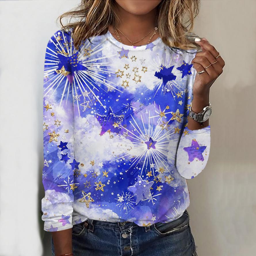 Oberteile für Damen, Sternenlicht-Feuerwerk-Print, Rundhalsausschnitt, Langarm-T-Shirt, Herbst, lässiger, schlanker Pullover, Langarm-Oberteil für Damen XS violett