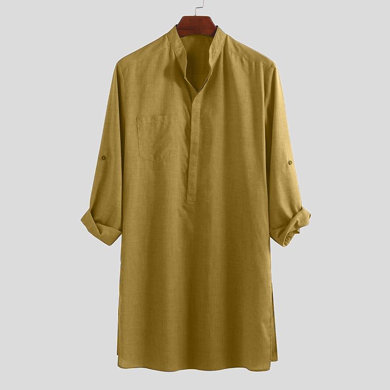 INCERUN S-5XL Herren Regular Fit Kragen Kurta Muslimische Kleider Abaya Kaftan Langarm Herrenhemd XL gelb