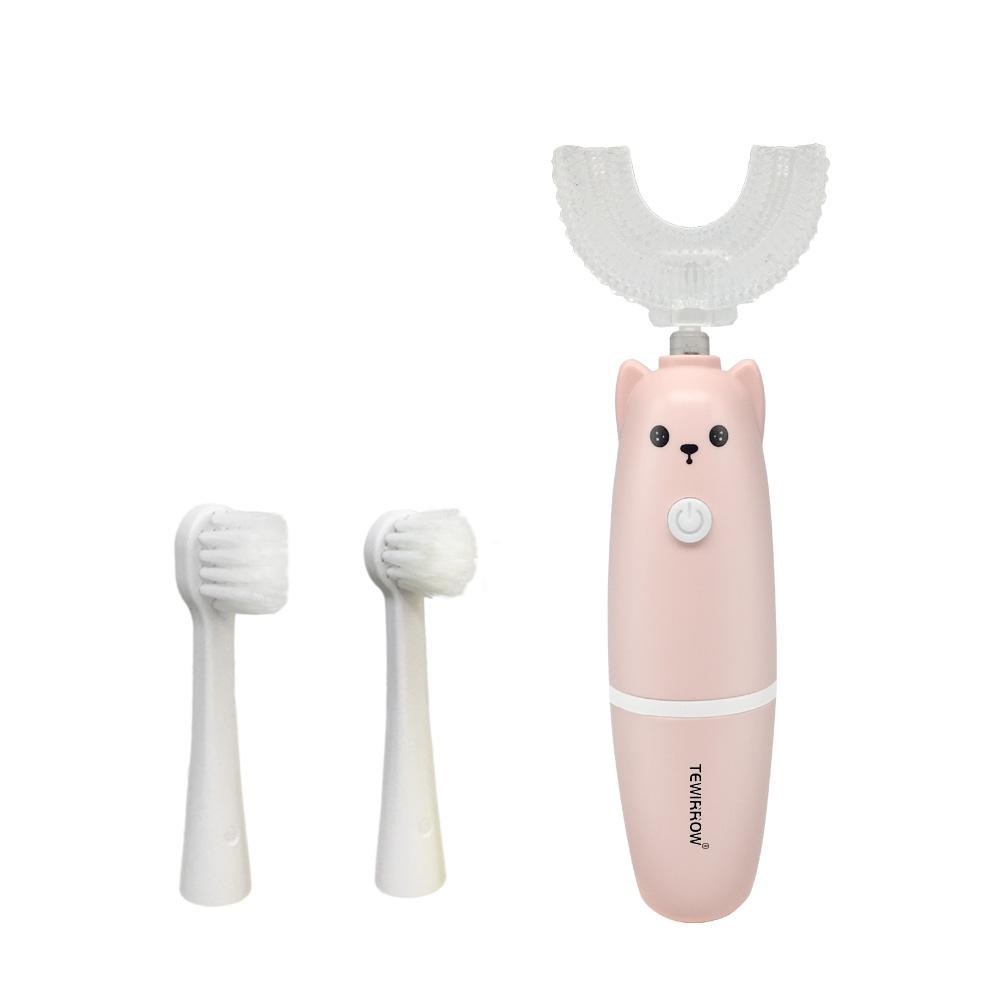 TEWIRROW Elektrische Zahnbürste für Kinder, automatische U-förmige Zahnbürste mit 2 feinen weichen Bürstenköpfen, intelligente Zahnbürste für Kinder von 3–12 Jahren rosa