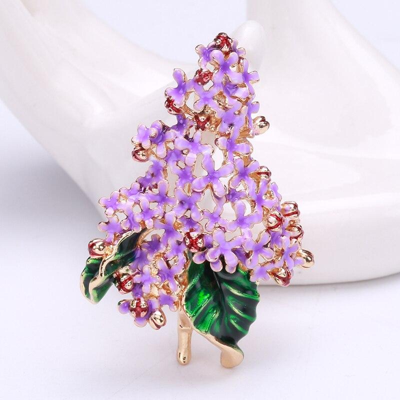Blucome Lila kleine Blumen-Brosche für Damen, Emaille-Broschen, Schmuck, grüne Blätter, dekorative Anstecknadel für Kleidungsstücke, Kleider, Accessoires violett