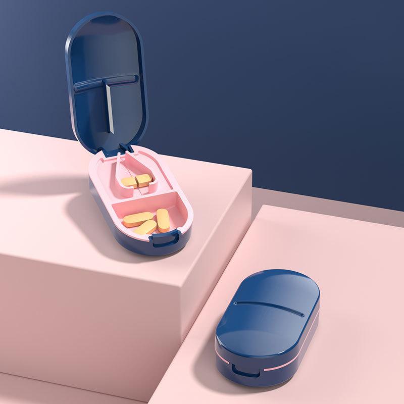 Neue stilvolle, praktische Aufbewahrungsbox für Medikamente, Pillenhalter, Tablettenschneider, Splitter, Sicherheitsbox zum Schneiden von Pillen 1PCS blau