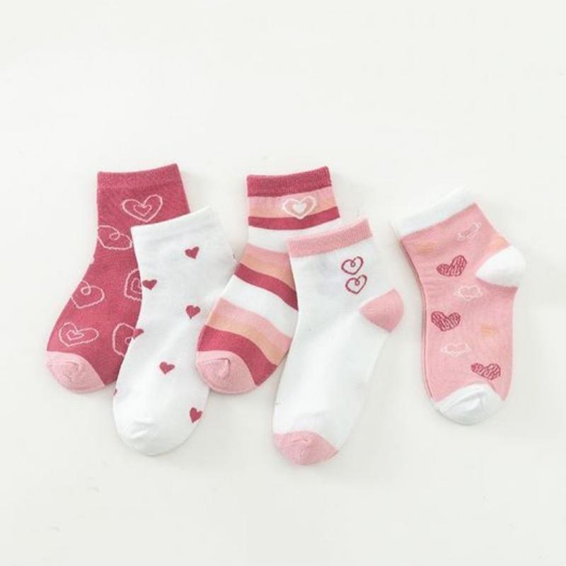 5 Paare/los Kinder Weiche Baumwolle Socken Koreanische Liebe Herz Blume Druck Baby Mädchen Socken Frühling Sommer Warme Kinder Mittel Rohr socken S(3-5Y) rosa