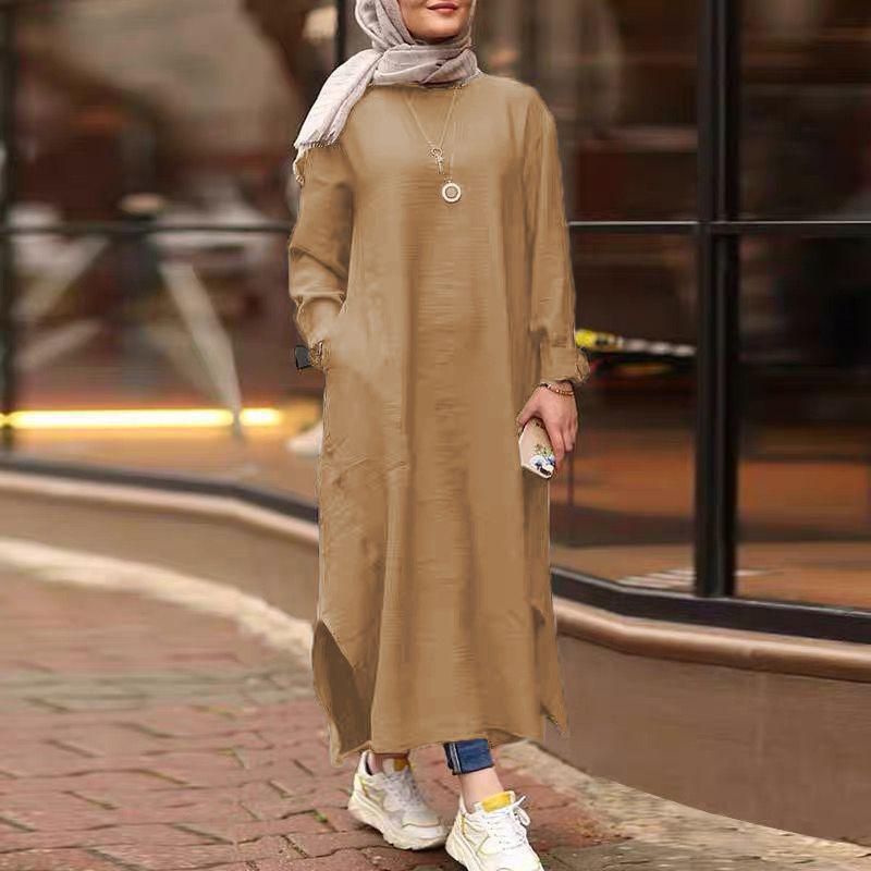 Muslimische Kleidung, Damenkleider, einfarbig, langärmeliges Hemdkleid, lässige Taschenrobe, Musulman Dubai, muslimischer Kaftan, muslimische Kleider, Übergröße L-5XL 3XL brown