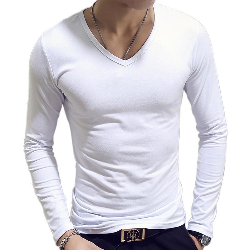 Herrenbekleidung, 7 Farben, lässig, Slim-Fit, einfarbig, langärmelig, O/V-Ausschnitt, Baumwolle, T-Shirts M-V neck weiß