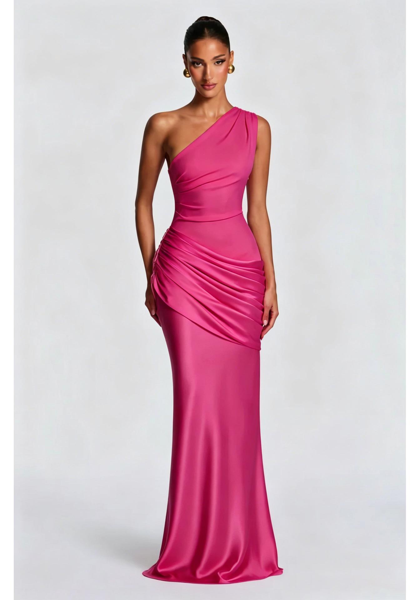 2026 Sommer Europäischer & Amerikanischer Stil Ein-Schulter Satin Meerjungfrau Abendkleid. Medium rot