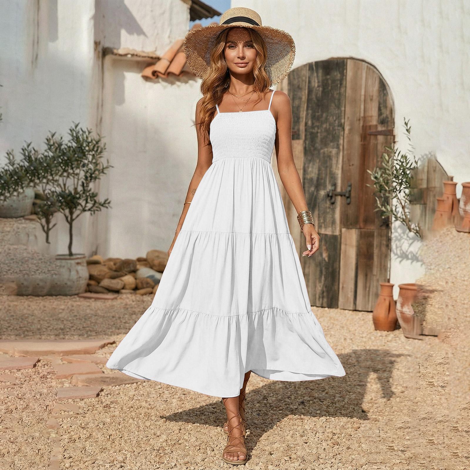Sommerkleider für Damen UK Ärmelloses Stufen-Maxikleid Lässige Fließende Kleider für Damen UK Karree-Ausschnitt Damenkleider S khaki