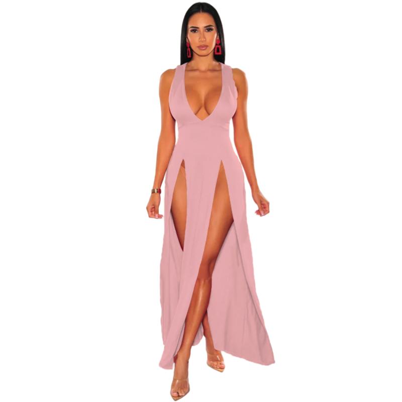 Neuheiten Damen Sexy High Split Kleider Ärmellos Tiefem V-Ausschnitt Hoher Schlitz Lange Party Bodycon Rote Sommerkleider XS