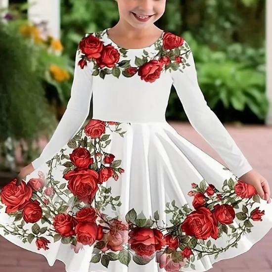 Mädchen Casual 3D Druck Rundhals Langarm Kleid Kind Prinzessin Kleid 90 rot