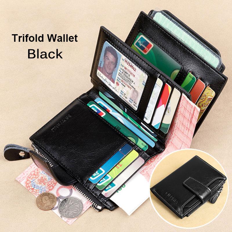 Vintage Damen-Geldbörse aus echtem Leder, RFID-blockierend, kurze Multifunktions-Geldbörse mit großer Kapazität und Reißverschluss, Geldklammer A schwarz