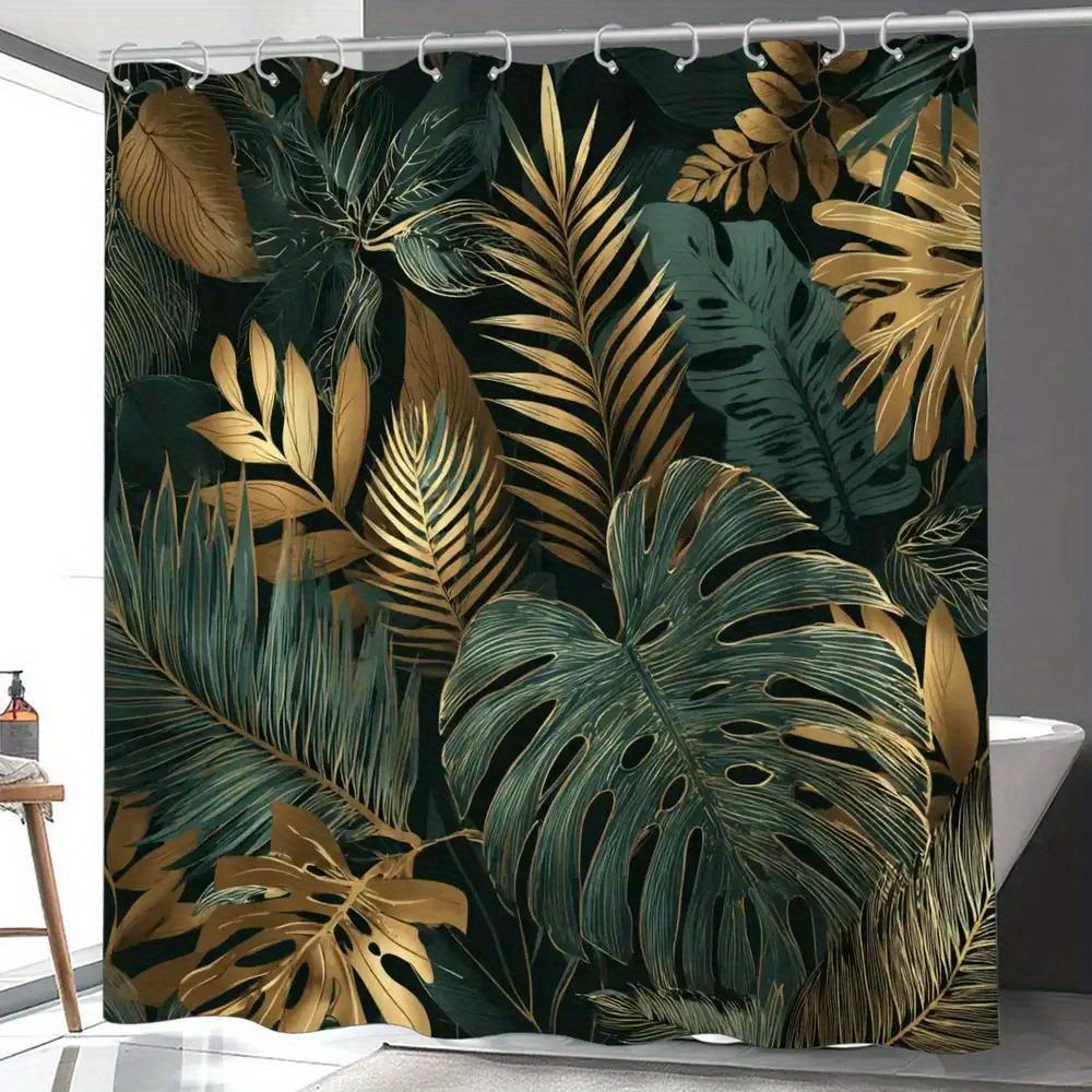 1 Stück Gold-Grünes Blatt Badezimmer Duschvorhang, Tropischer Stil, Moderner Mode Duschvorhang, Inklusive 12 Haken, 180*180cm Fledermaus W90H165(CM)-1 Pcs