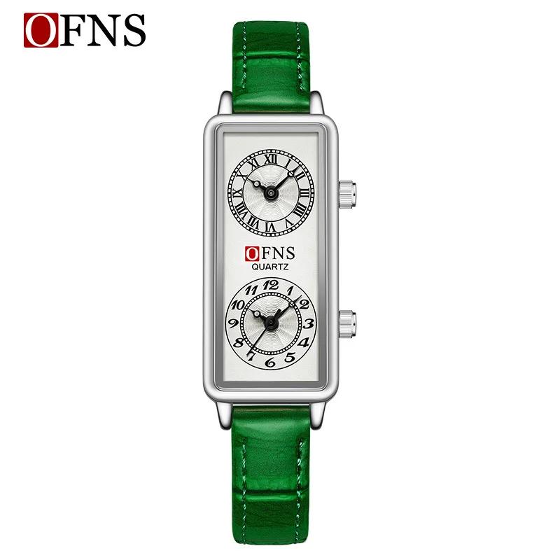 Dual Movement Uhr Damen Quarz Armbanduhr Luxus Damen 2 Zeitzonen Uhr Edelstahl Schwarzes Leder Uhr BELT grün/silber