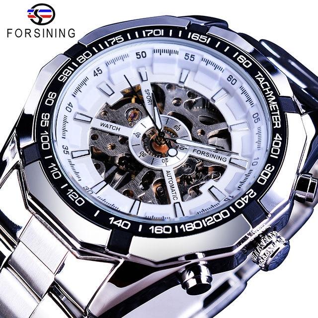Forsining Edelstahl Wasserdicht Herren Skeleton Uhren Top Marke Luxus Transparente Mechanische Sport Männliche Armbanduhren elfenbein