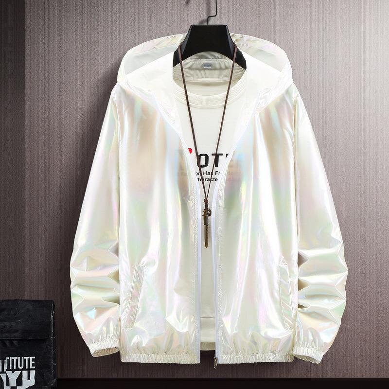 2024 Sommer Reflektierender warmer winddichter Windbreaker Modischer mehrfarbiger wasserdichter Regenmantel mit Kapuze Großer Paarmantel XL weiß