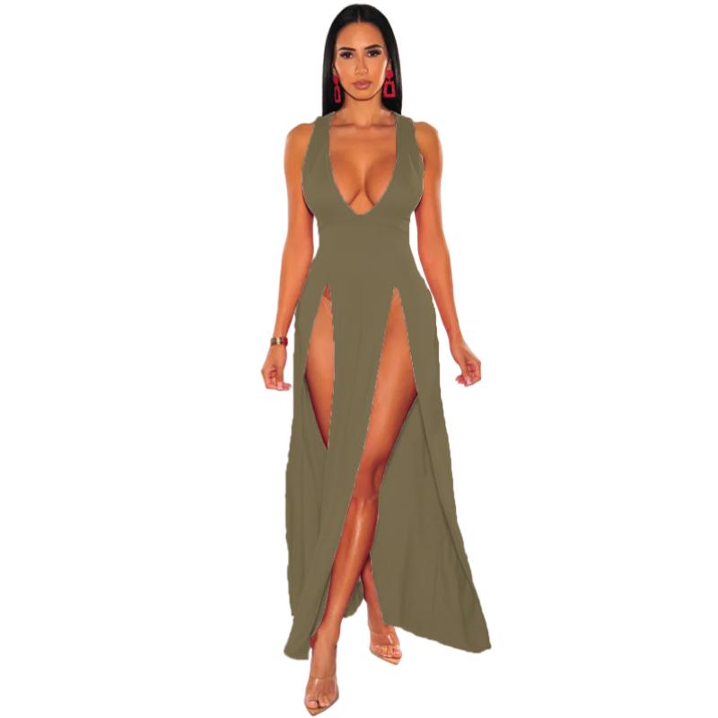 Neuheiten Damen Sexy High Split Kleider Ärmellos Tiefem V-Ausschnitt Hoher Schlitz Lange Party Bodycon Rote Sommerkleider XS armee grüne