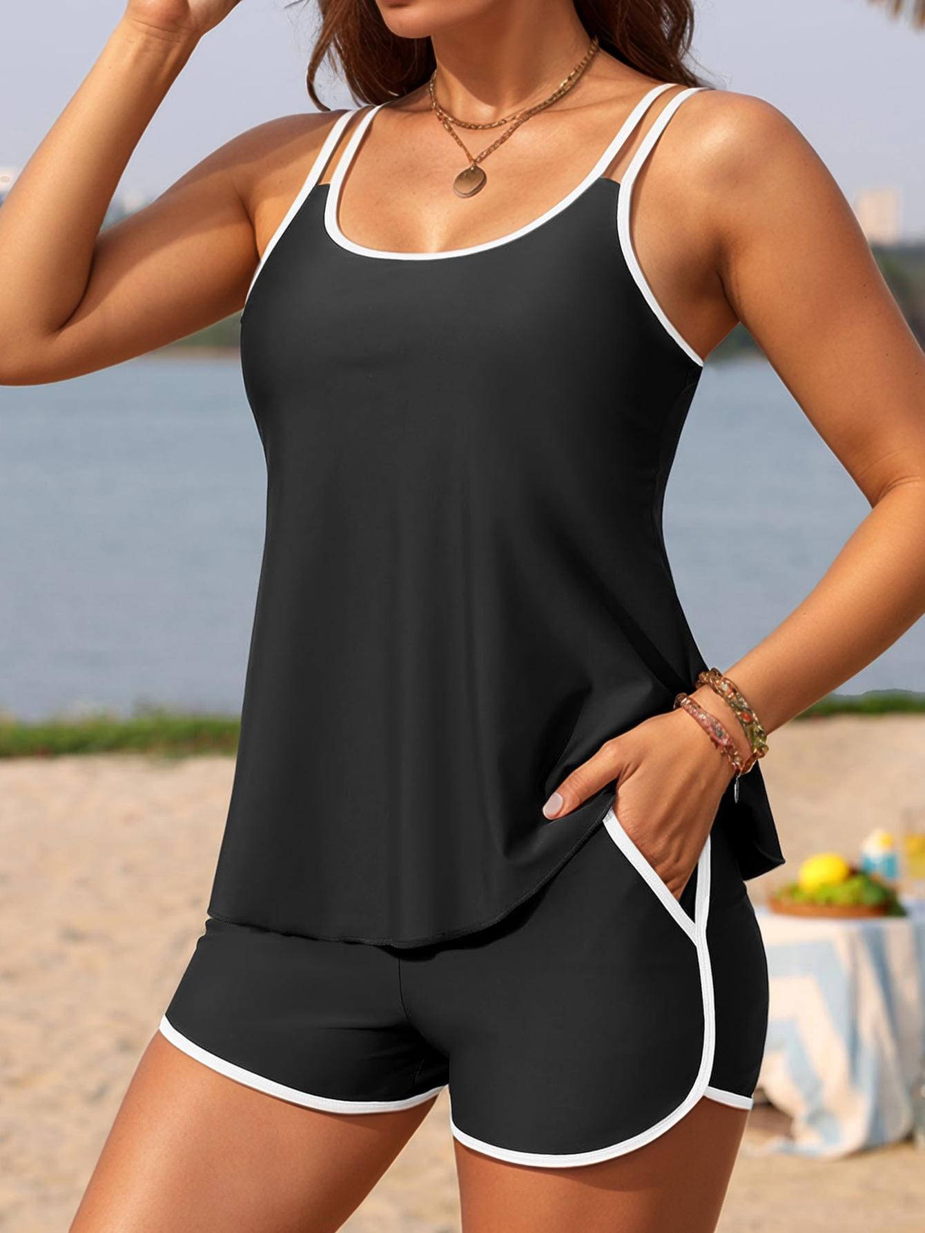 Damen Bedeckter Tankini Badeanzug Modischer Badeanzug mit Shorts, Zweiteiliges Bikini-Badebekleidungs-Set XXL schwarz/weiß