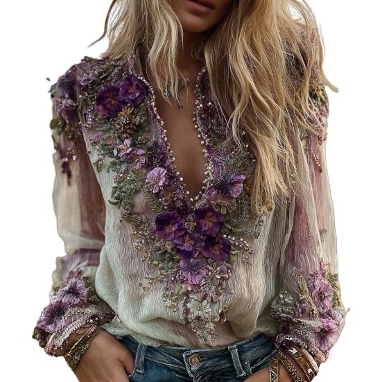 Damen Hemd Oversize V-Ausschnitt Langarm Lässig Frühling Herbst Hemd 3D Blumenmuster Gedruckt Entspannte Passform Hemd Tägliche Kleidung L