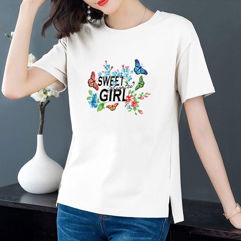 Damen Sommer Kurzarm T-Shirt Vintage Rundhals Casual T-Shirt Schlank Elegant Große Größen Print T-Shirt M