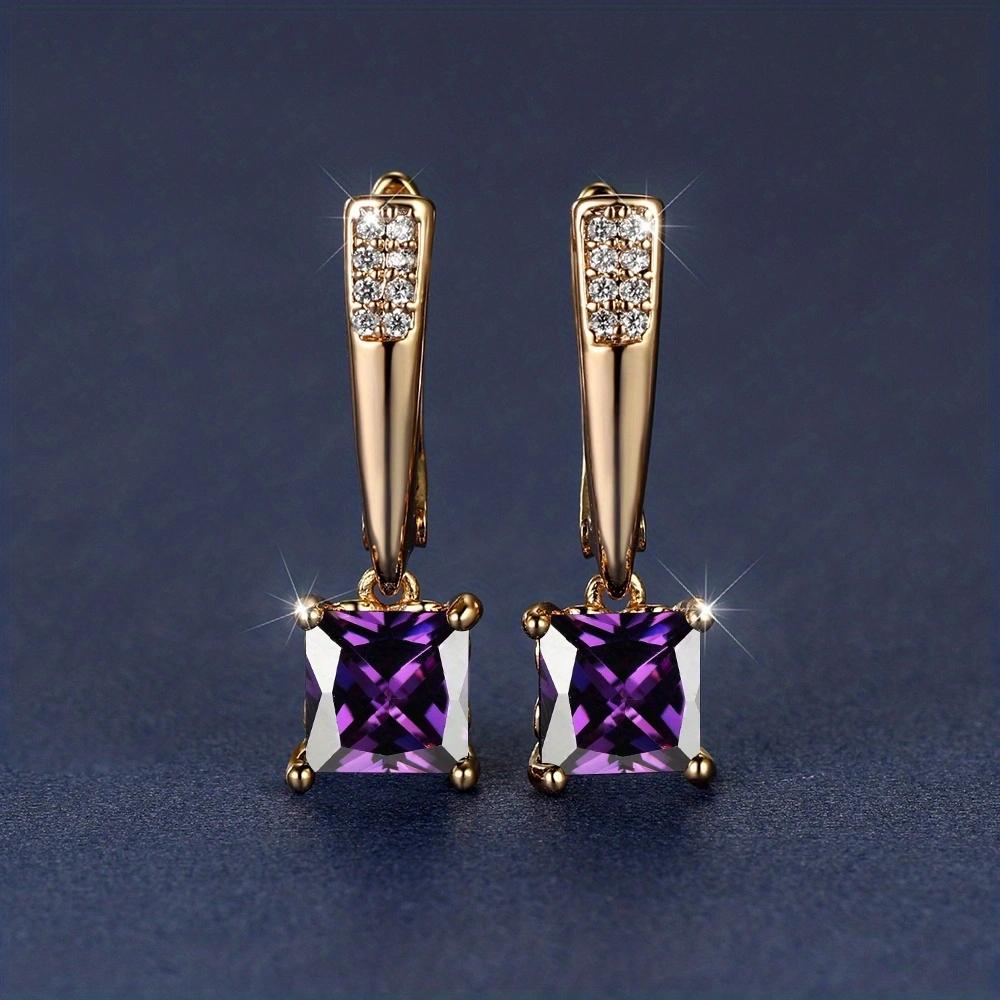 1 Paar goldfarbene Haken-Ohrringe mit Smaragdschliff und schwarzem Stein, Tropfen-Ohrringe, Ohrclips, Hochzeit-Ohrringe, Schmuck, Geschenke violett