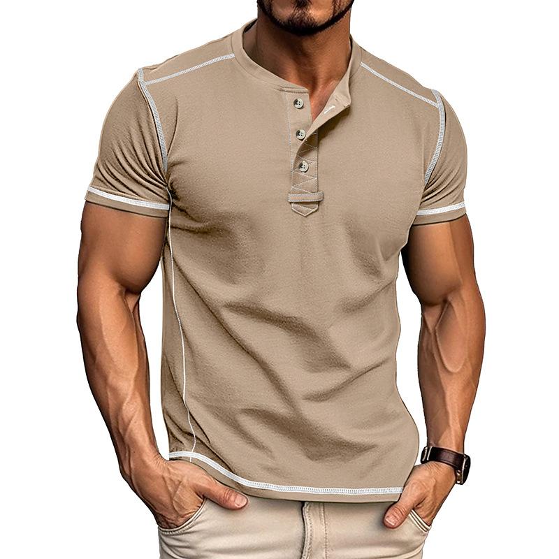 Kurzärmelige Henley-Shirts für Herren, Sommer-T-Shirts mit Knopfleiste, lässiges Basic-T-Shirt, einfarbige T-Shirts, weiche und bequeme Oberteile, klassische Passform, T-Shirt für Männer XXXL khaki