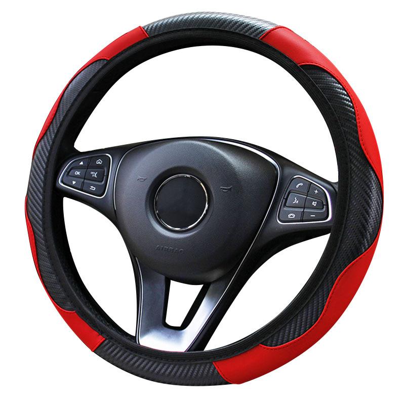 Auto-Lenkradbezug, rutschfest, PU-Leder, geeignet für 37–38 cm, Kohlefaser, Autodekoration, Autozubehör rot
