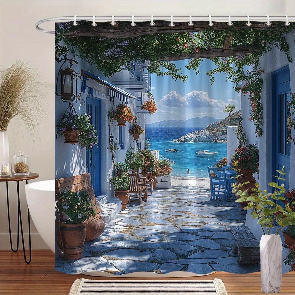 Griechische Gasse Duschvorhang Weiß getünchte Wände Terrakotta-Töpfe Blumen Polyester Maschinenwaschbar Mit 12 Haken Für Badezimmerdekoration W160H160(CM)-1 Pcs
