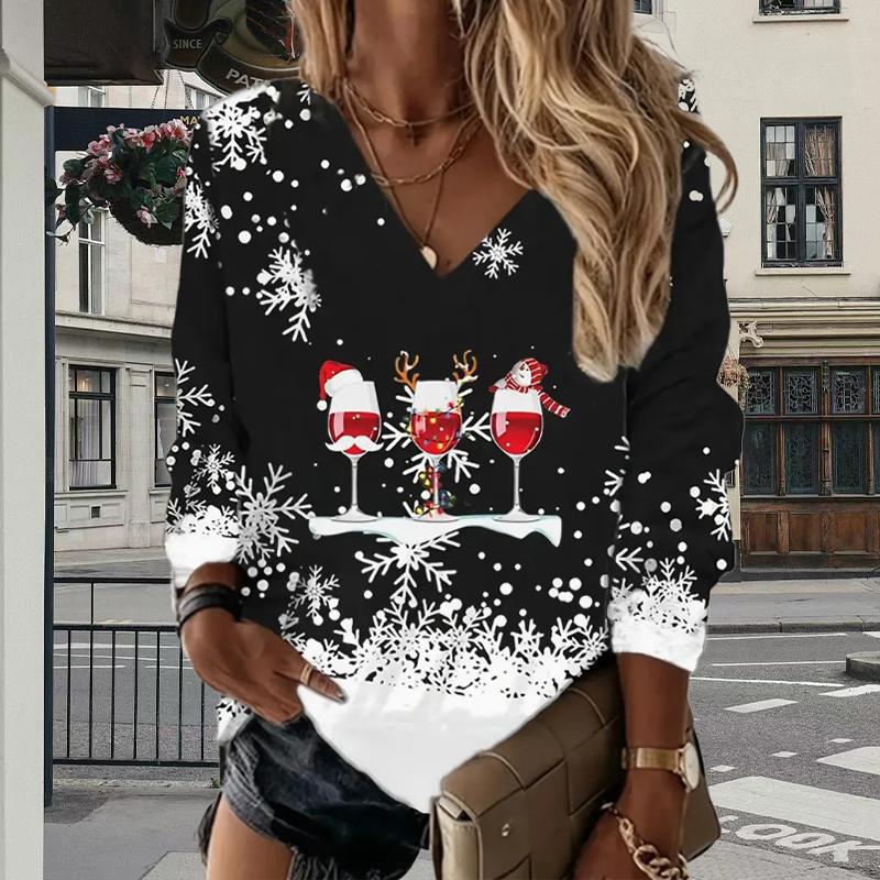 Weihnachten Schneemann Druck Frauen T-shirts Damen Tops Langarm V-ausschnitt Pullover Femme T-shirts T Shirt Für Frauen XL schwarz