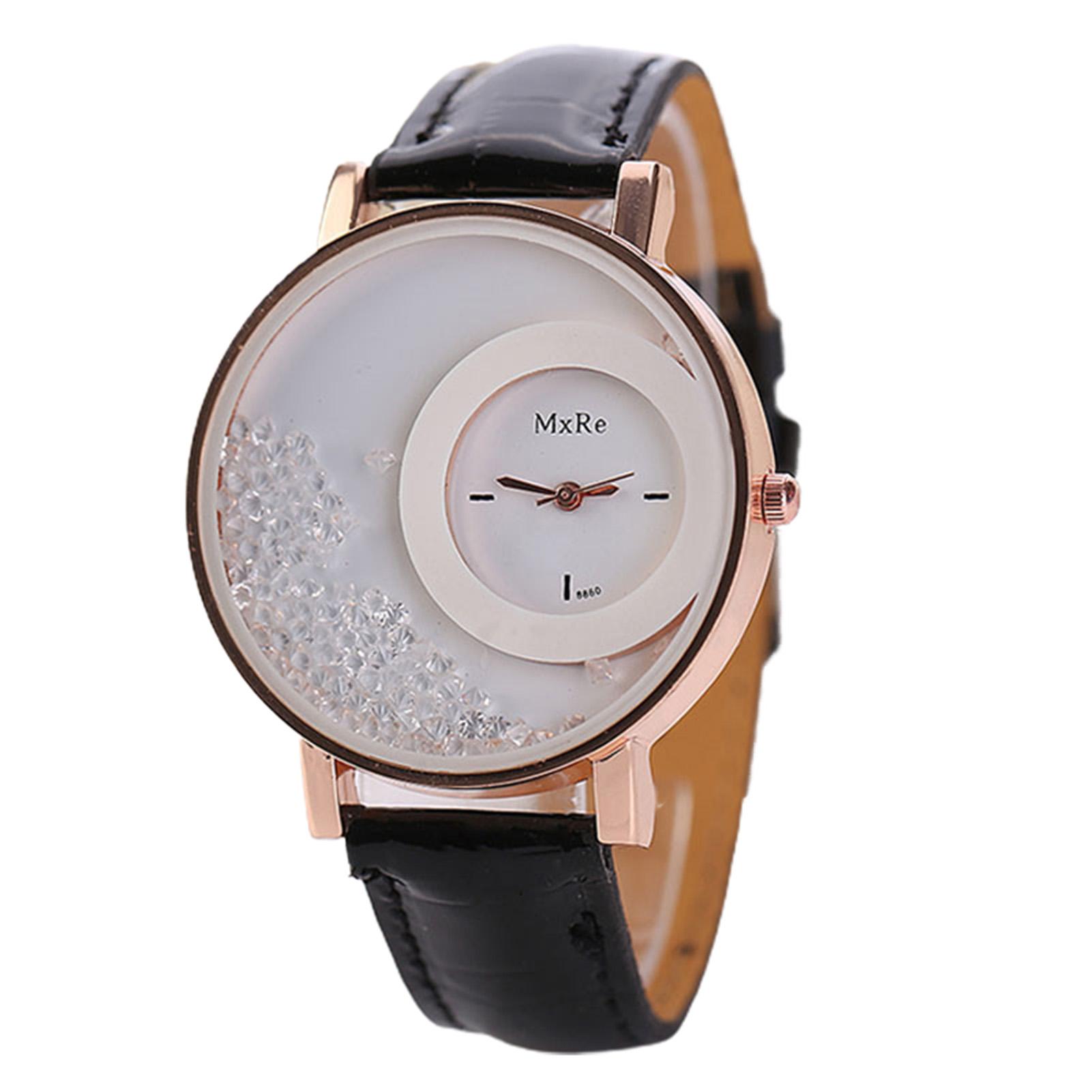 Lustige Uhr mit Quicksand-Strass-Design, rundem Zifferblatt, verstellbarem Kunstlederarmband, analogem Quarz, besondere Damenuhren schwarz