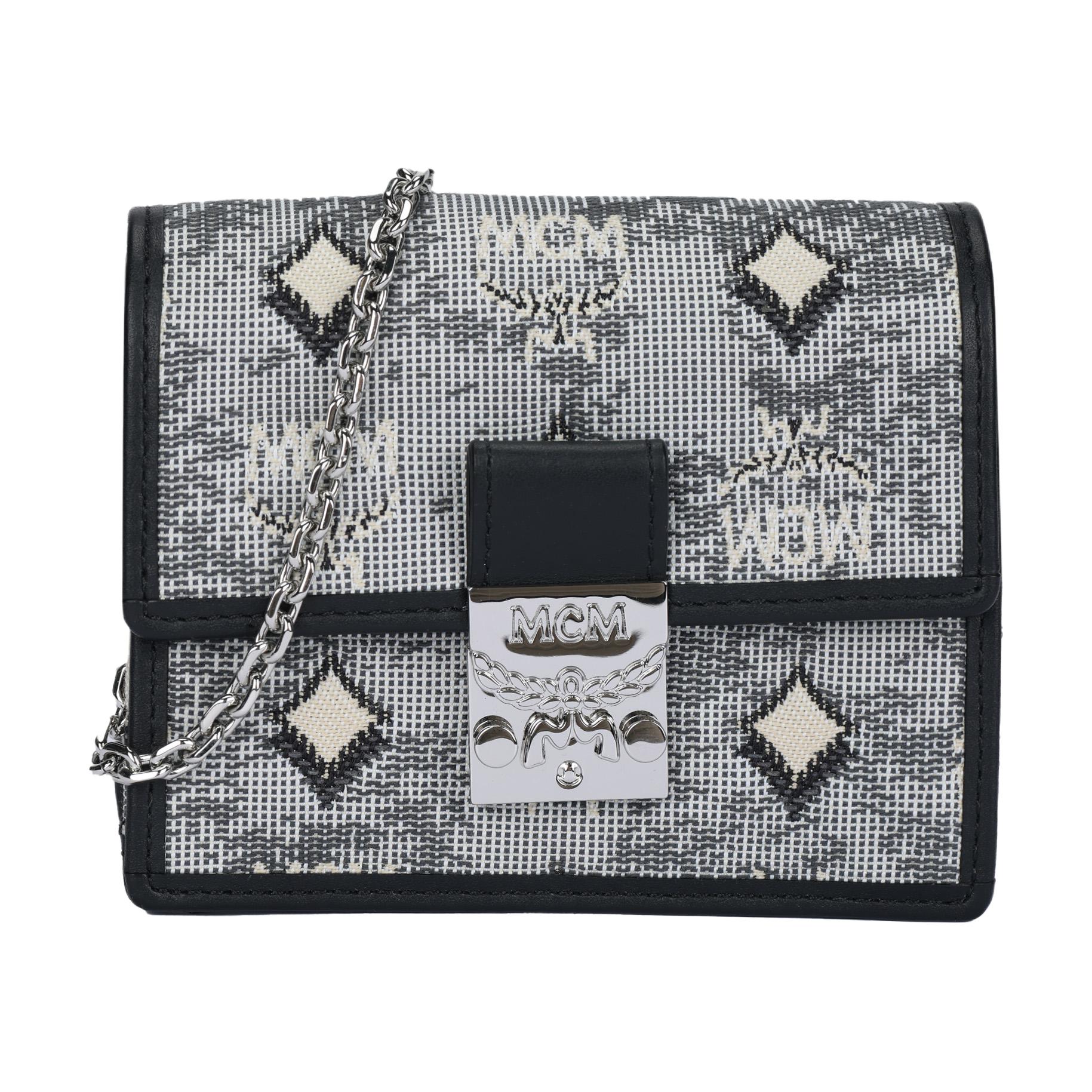 MCM Vintage Jacquard Kapselkollektion Kettenmuster Leder Mini-Portemonnaie Damen Portemonnaie Grau MYLBATQ01EG001 Basic Set (Bag+Dust Bag)