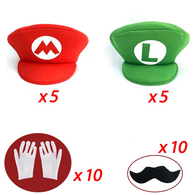 Rot Grün Super Bros Hüte Set Mary Luigy Kappen Schnurrbärte Handschuhe für Halloween Weihnachten Cosplay Kostüme Passende Accessoires
