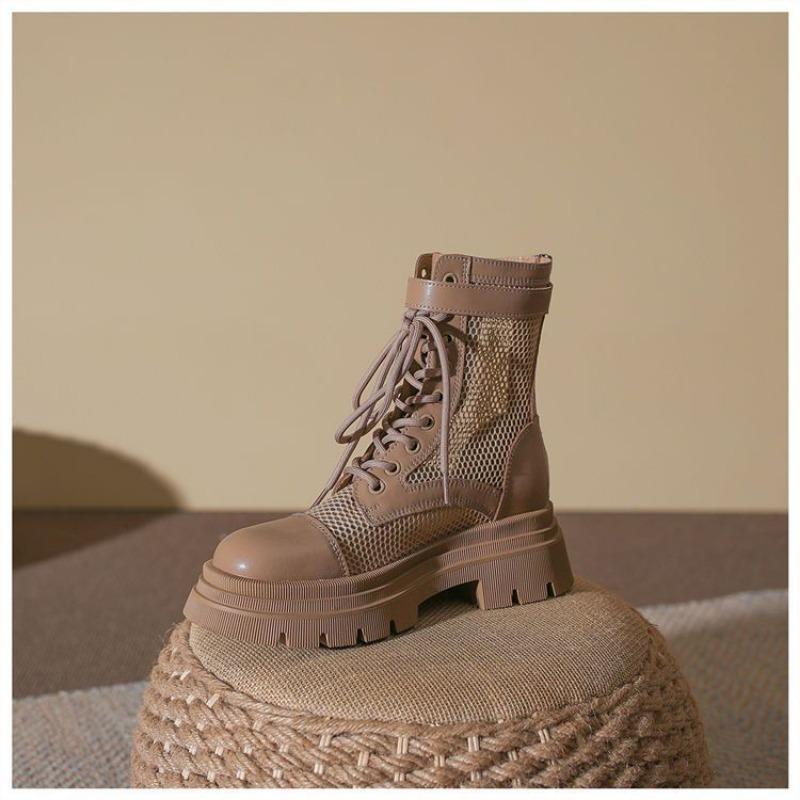 Dicke Sohle Martin Stiefel Damen neue Sommer dünne Leder atmungsaktive Mesh Stiefel Nische coole Stiefel Mesh hohl kurze Stiefel 36 khaki