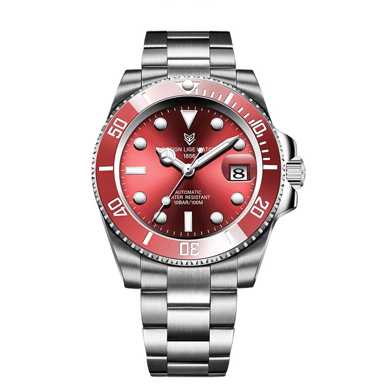 2021 LIGE Neue Uhr Männer Automatische Mechanische Tourbillon Uhr Mode Sport Tauchen Uhr 100ATM Wasserdicht Leuchtende Uhren Herren rot/silber