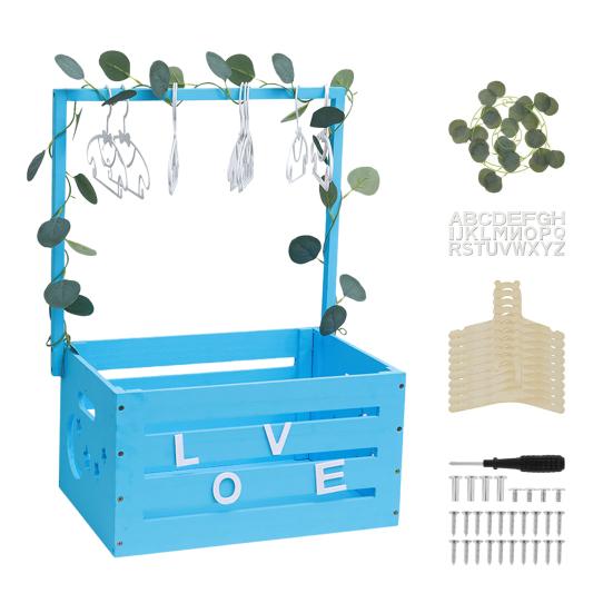 Baby Shower Kiste Schrank Holz Baby Shower Korb mit Kleiderbügel Baby Geschenk Aufbewahrungskiste Korb mit Griff und Girlande für Neugeborene blau