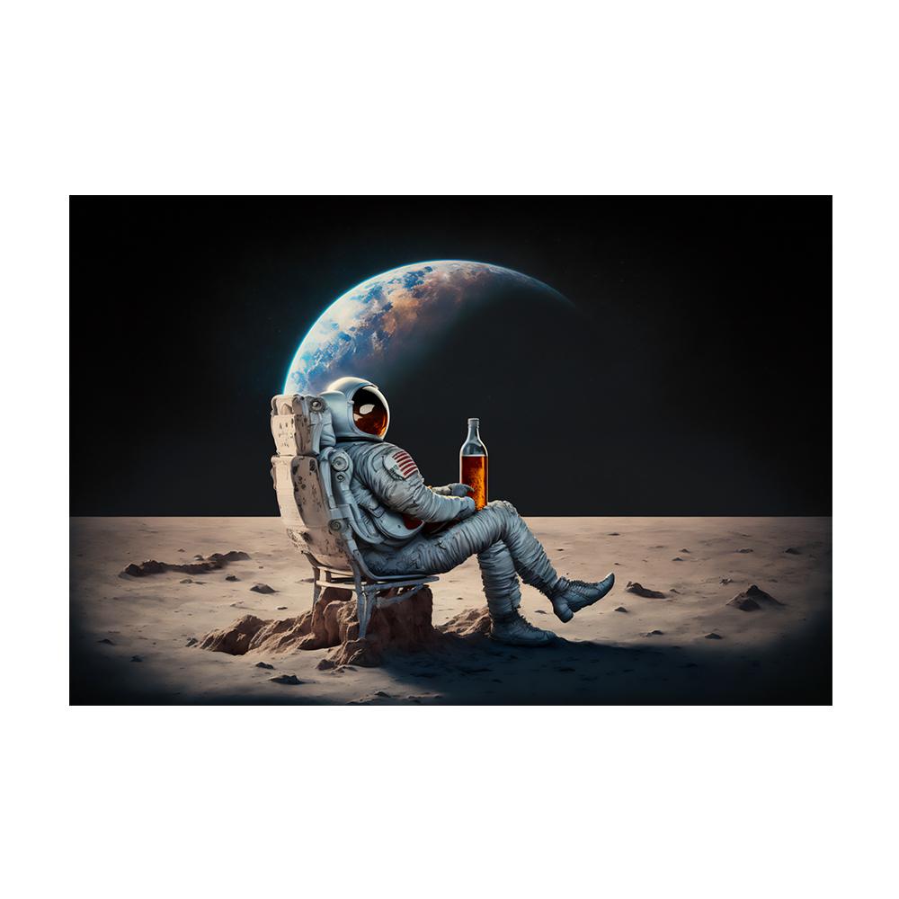 Astronaut trinkt Bier auf dem Mond, während er zusieht, wie die Erde zerstört wird. Moderne Leinwandmalerei, Poster, Drucke, Wohnzimmer, Wandkunst, Bilder, moderne Heimdekoration 20x30cm With Frame messing antik