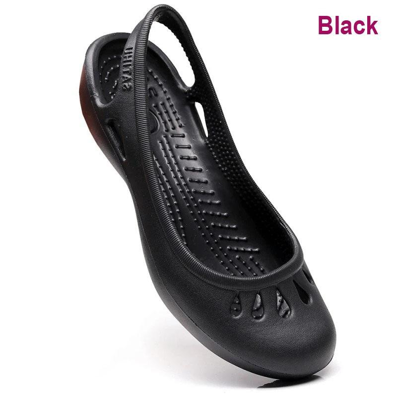 Sommer leichte Anti-Rutsch-Loch-Schuhe Clog für Damen Flache Unterseite Sandalen Krankenschwester Outdoor Strand Jelly W9 schwarz