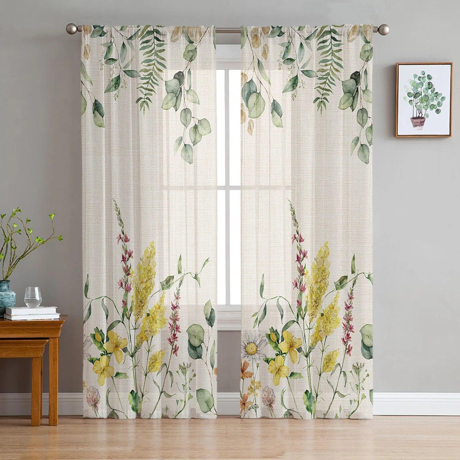 Frühling Sommer Pflanzen Kamille Schlafzimmer Transparente Gardinen Urlaub Dekoration Fenster Voile Tüll Vorhang 135W x 160H(cm) x 2