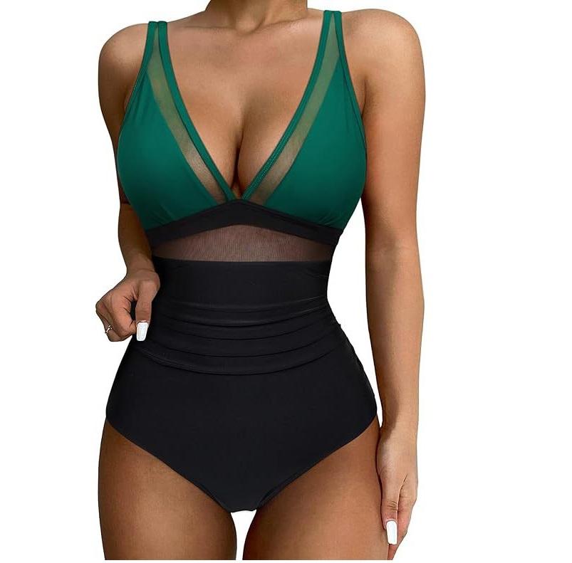 Damen-Badeanzug, schwarzes Netz, rückenfrei, sexy Bikini, einteiliger Badeanzug für Damen, Strandmode, Badeanzüge XXL grün