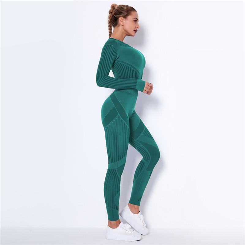 Mesh Yoga Set Auroth Frauen Sport Kleidung Langarm Shirt Sport Legging Set Hohe Taille Gym Tragen Engen Yoga Anzug M dunkelgrüne