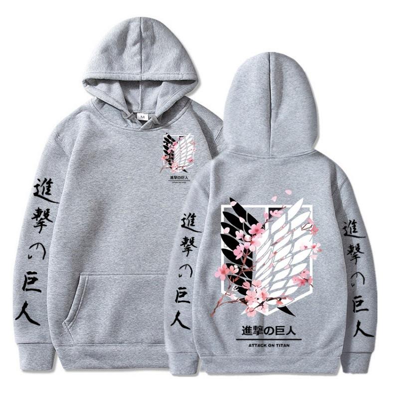 Japanischer Anime-Kapuzenpullover im Angriff auf Titan-Stil mit Grafikdruck, Harajuku, Streetwear, Unisex, Streetwear XXXL grau