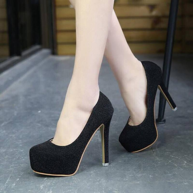 Damenschuhe Frühling Sommer Koreanischer Stil Super High Heel Stiletto Runde Zehen Silber High Heels Sexy Weibliche Wasserdichte Plattform Einzelschuhe 12cm 36 schwarz