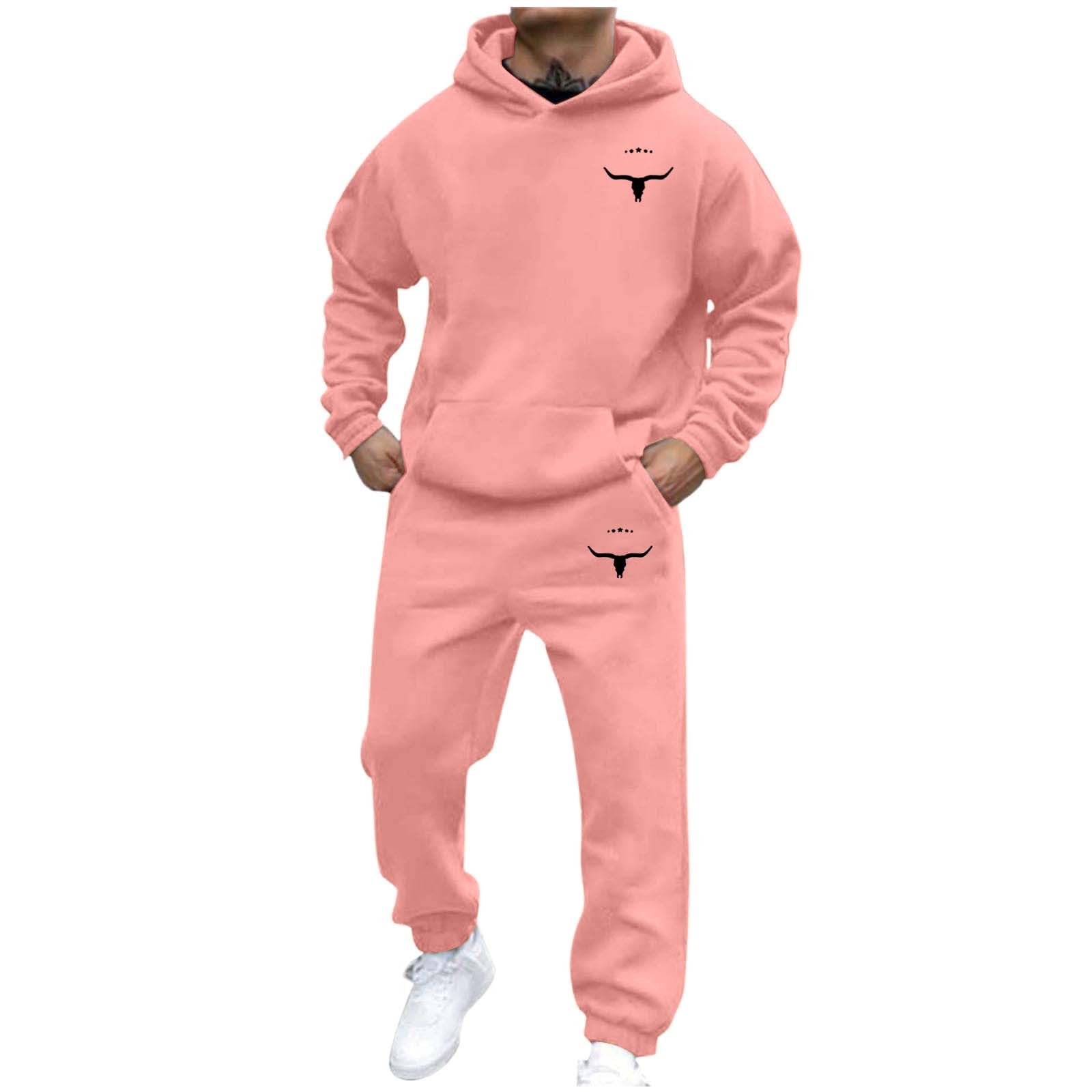 Herren Casual und personalisiert bedrucktes Langarm-Kapuzensweatshirt, Herren Sport-Sweatshirt und Sweatpants zweiteiliges Set M rosa