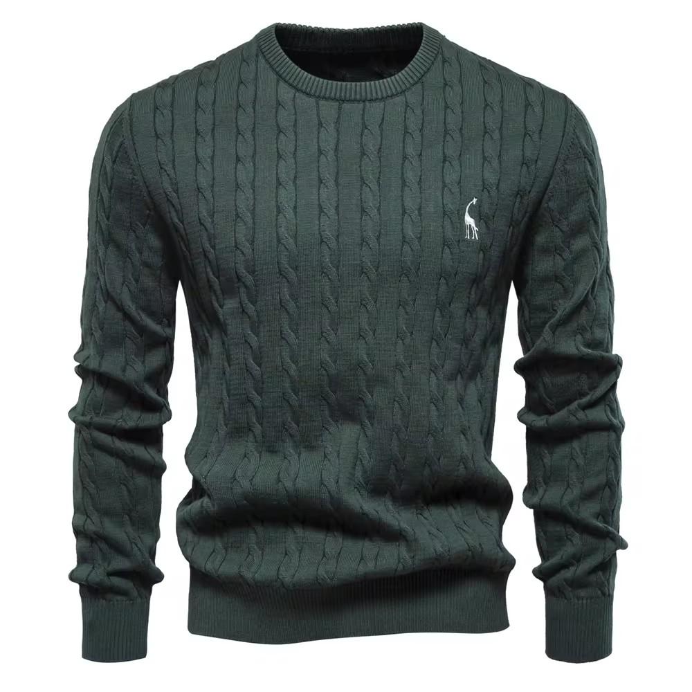 AIOPESON Herren-Pullover mit Giraffenstickerei, Baumwollpullover, Rundhalsausschnitt, klassischer Twist-Muster-Pullover, Strickpullover für Männer L 75-85 kg grün